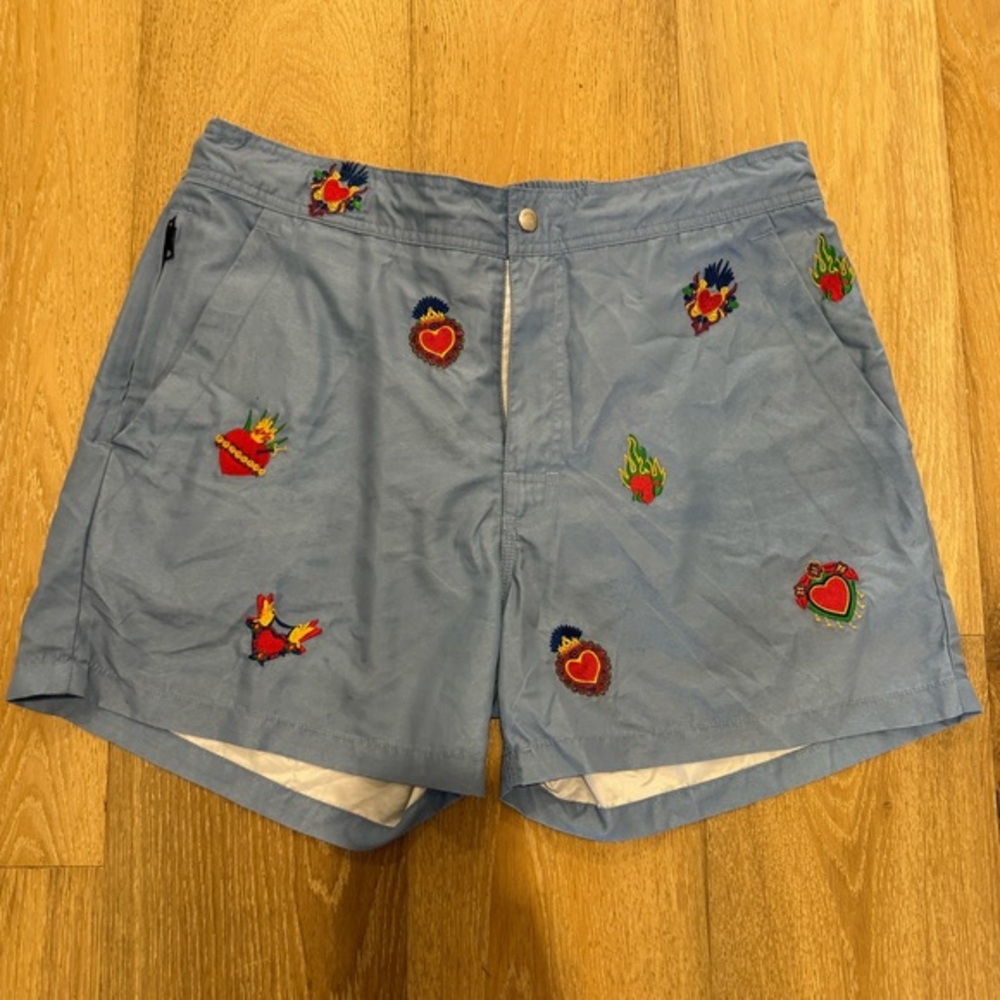 OAS Light Blue Embroidered Heart & Flame Swim Board Shorts